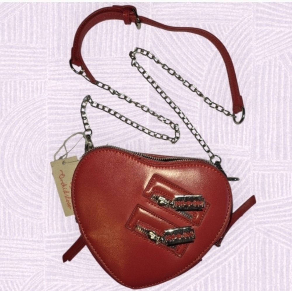Orchid Love Red Heart Crossbody Bag - Edgy Novelty Blade Hardware Zipper NWT